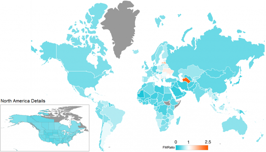 Mapa com a razão entre artigos publicados por homens e mulheres. Em azul, estão os países com mais artigos publicados por homens. Em vermelho, países com mais artigos publicados por mulheres. Quanto mais perto de branco, mais igualitária é essa proporção.